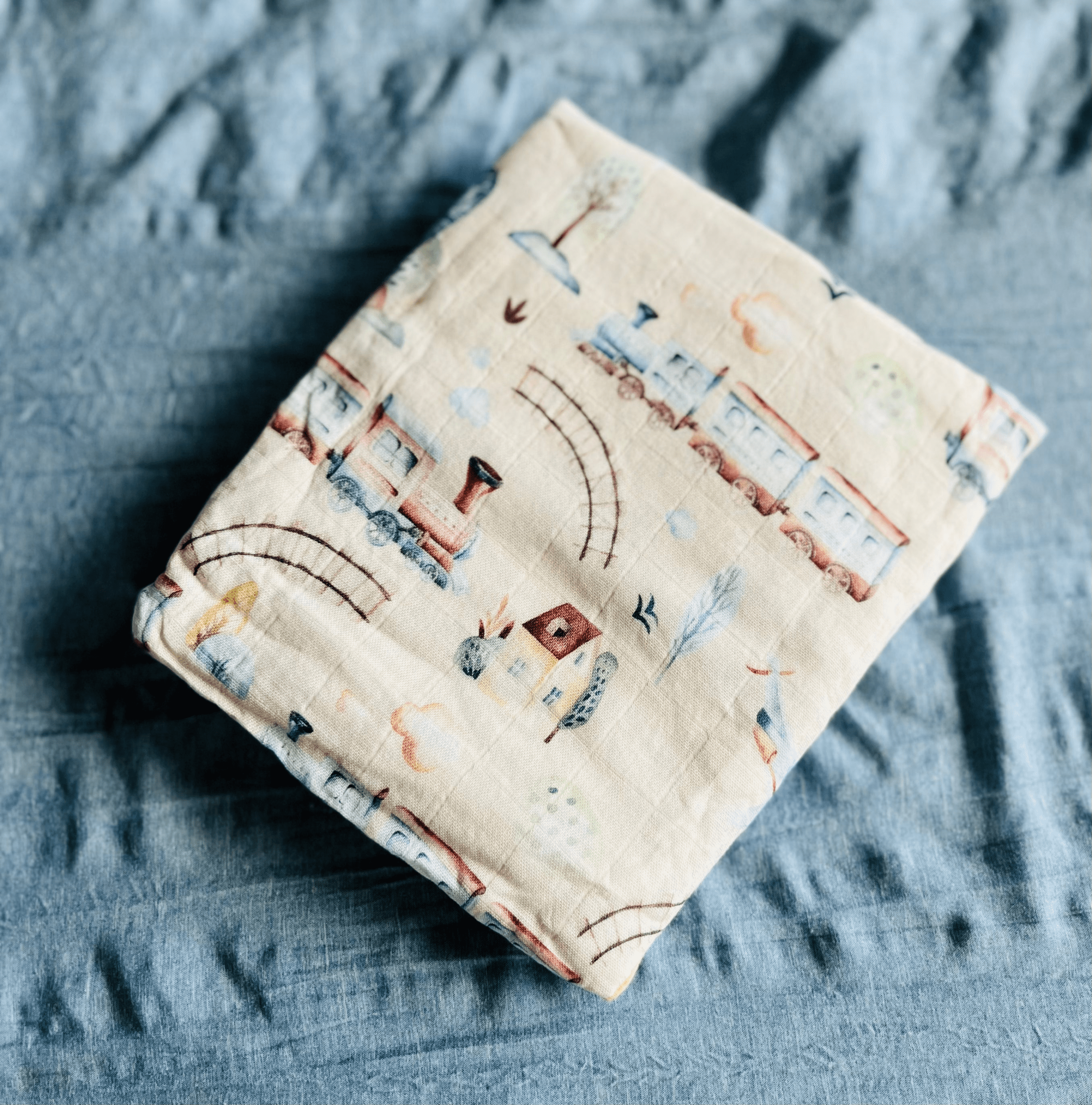 Train Town Bamboo Cotton Swaddle - Image 3
